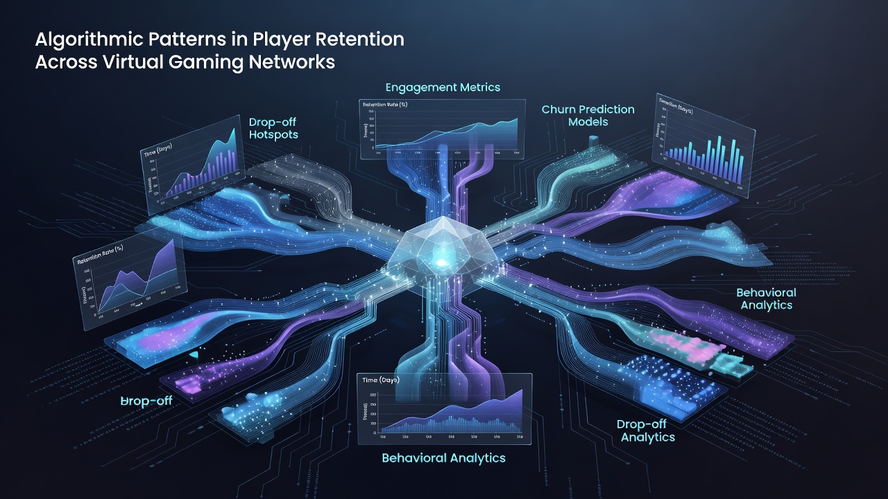 Diagram illustrating retention algorithm workflows and player lifecycle stages in online gaming networks