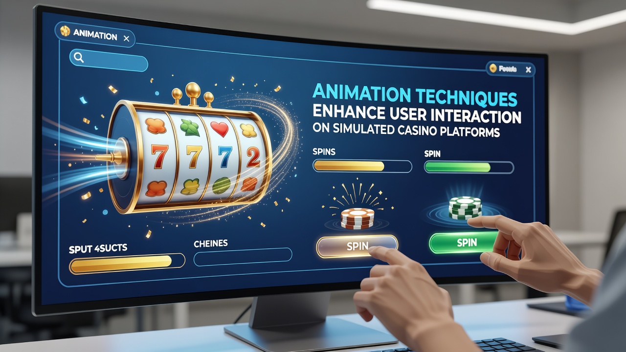 Visual representation of animated elements in a simulated casino interface showing spinning reels and interactive particle effects