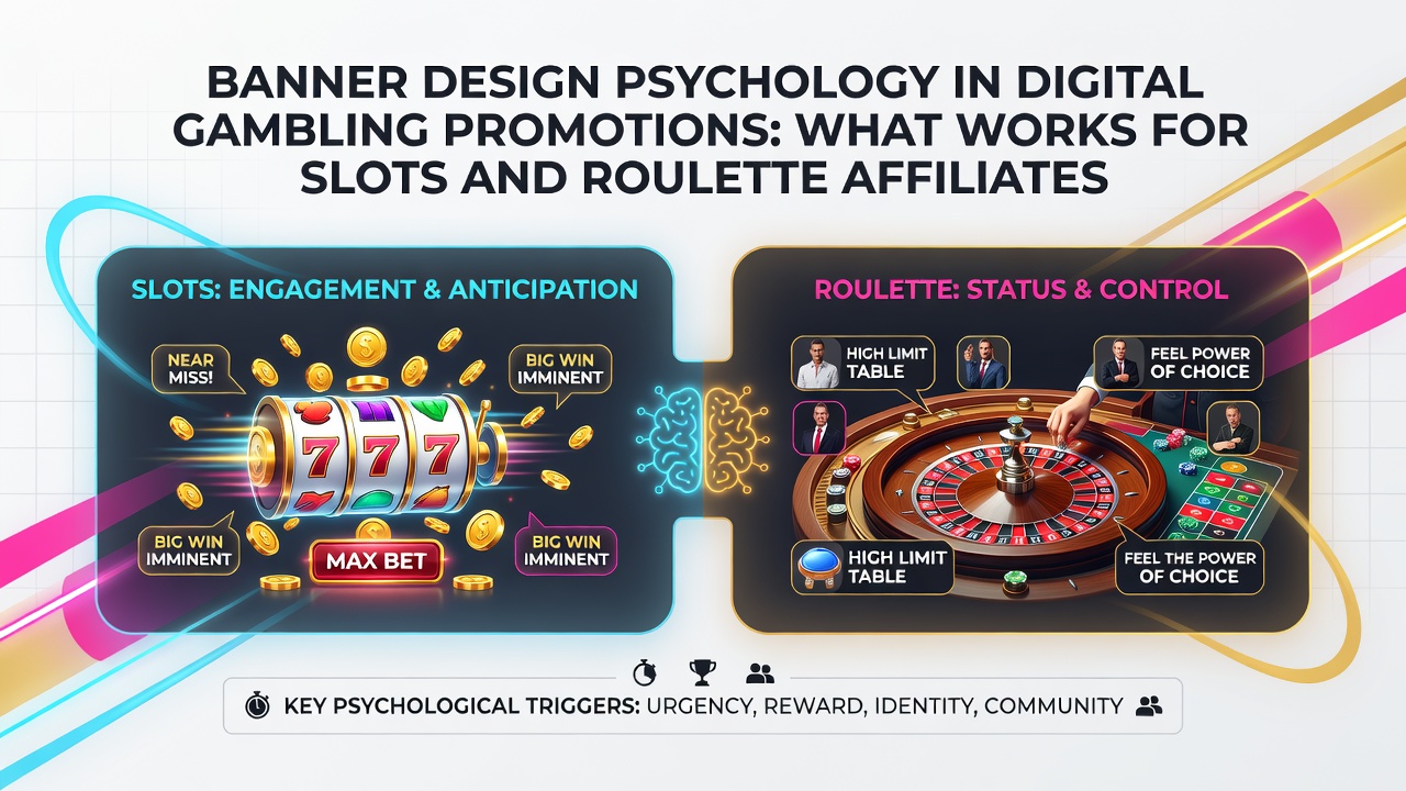 Visual examples of effective banner designs for slots and roulette promotions showing color contrasts and call-to-action elements