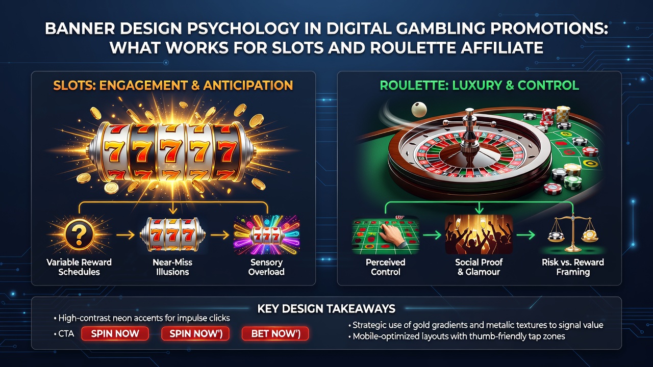 Close-up of roulette wheel and slot machine reel imagery used in affiliate banners with psychological design elements