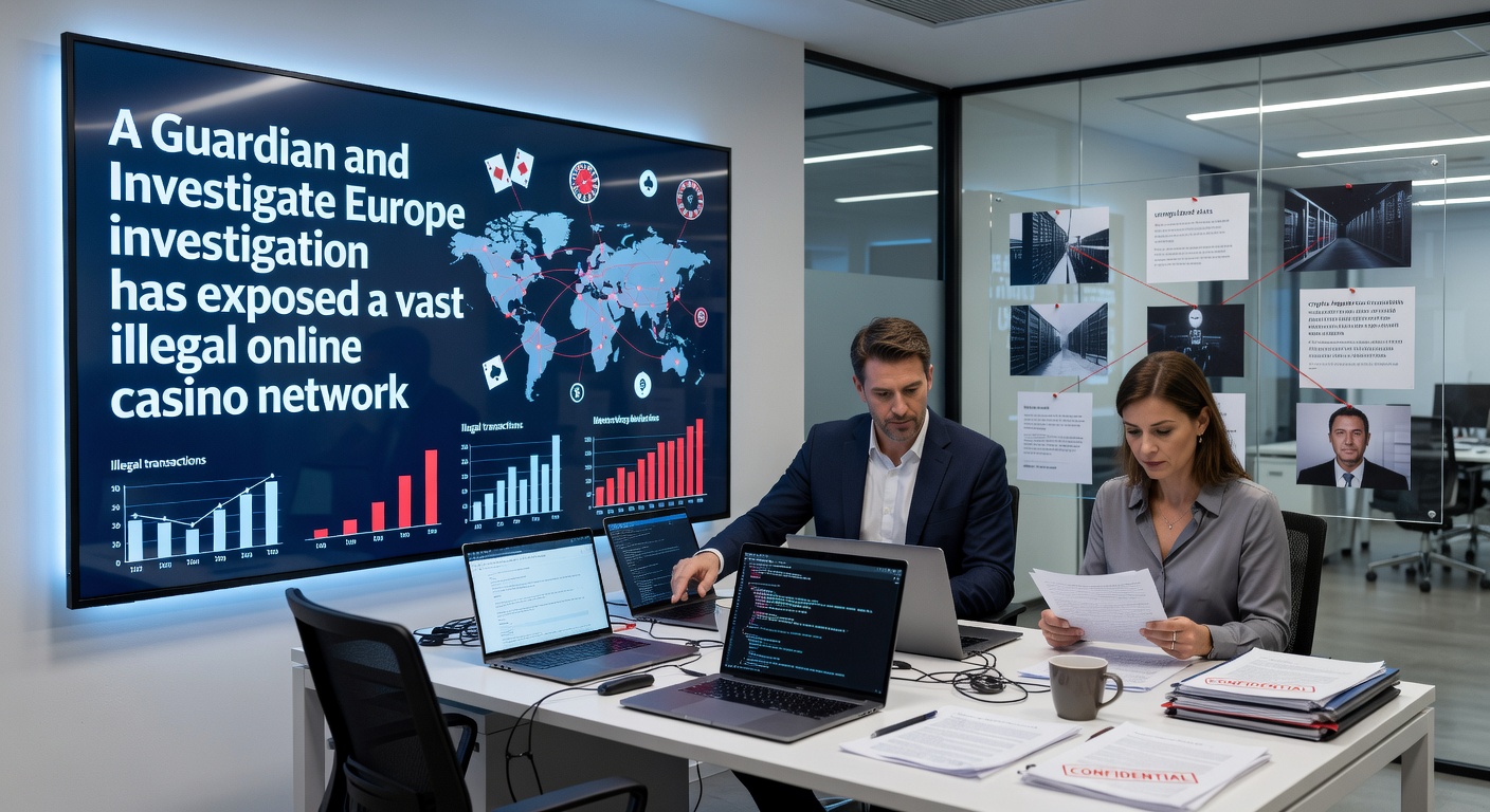 Graphic representation of shadowy figures behind offshore casino operations, with UK flags and warning signs overlayed