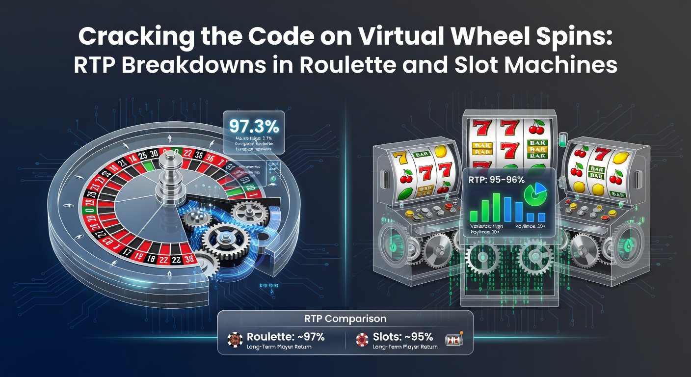 Digital slot reels spinning with glowing RTP percentage overlays, illustrating virtual wheel mechanics in online casino games