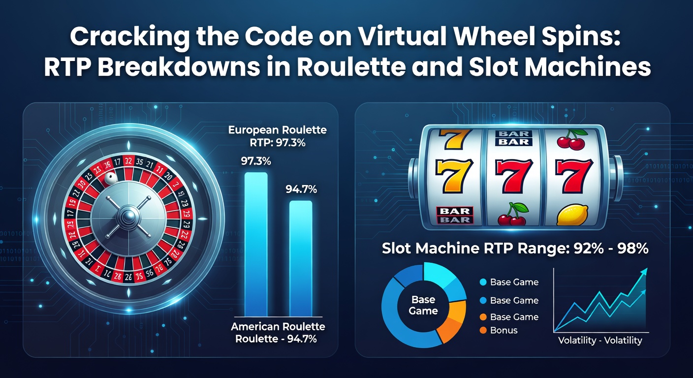 Close-up of a virtual roulette wheel in motion, with RTP stats and payout charts superimposed, showing European vs American variants