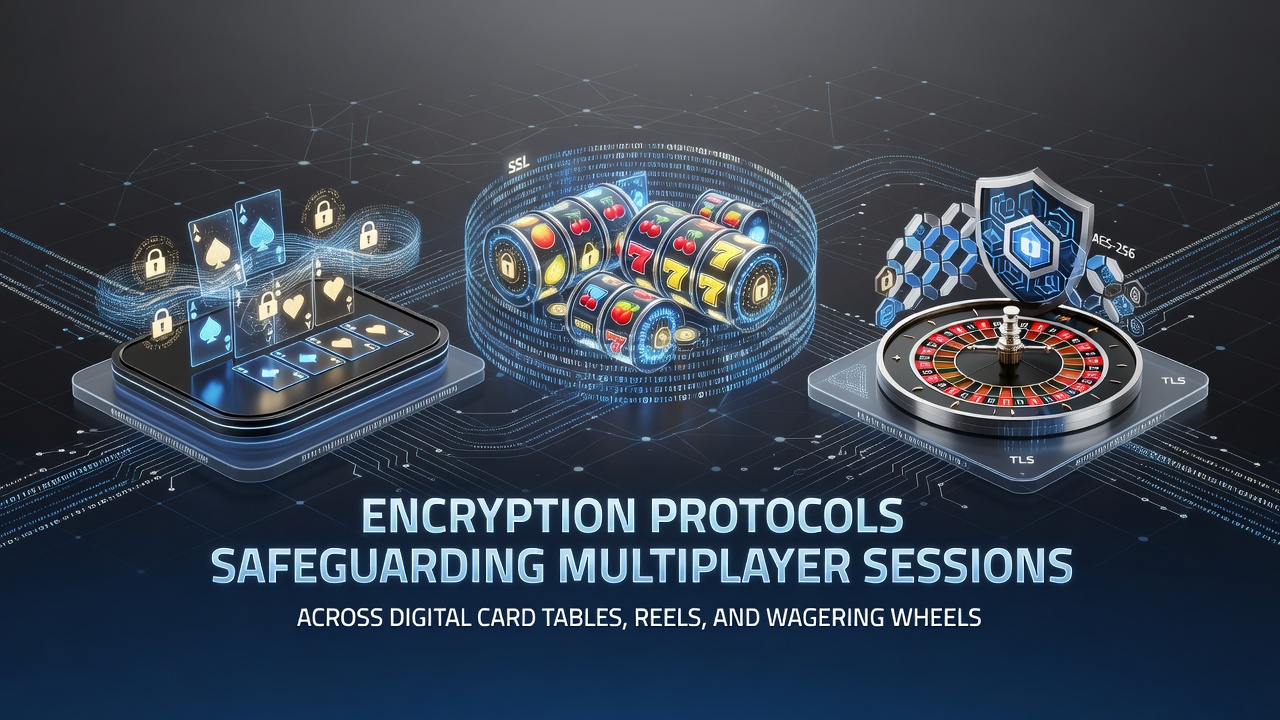 Illustration of encrypted data streams protecting digital card tables, slot reels, and roulette wheels in online gaming environments