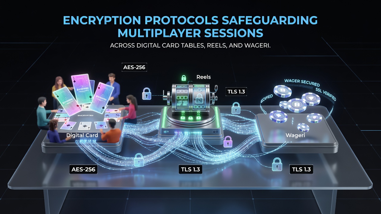 Diagram showing secure key exchange and certificate validation processes between player devices and gaming servers