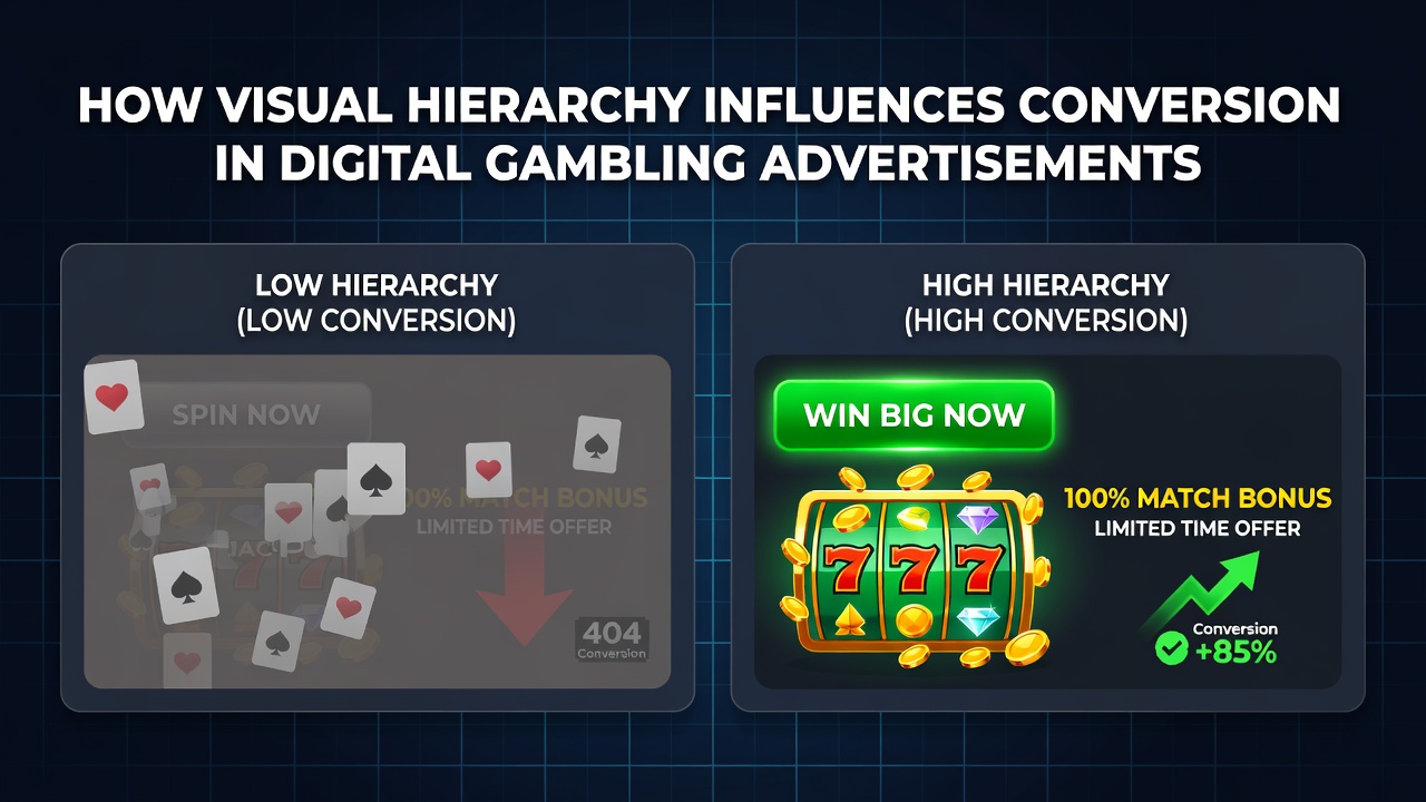 Digital gambling advertisement layout demonstrating visual hierarchy with prominent call-to-action buttons and bonus highlights