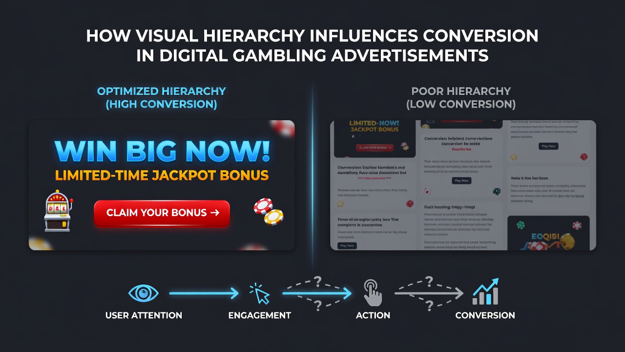 Example of balanced visual hierarchy in a gambling banner showing contrast between offers and navigation elements