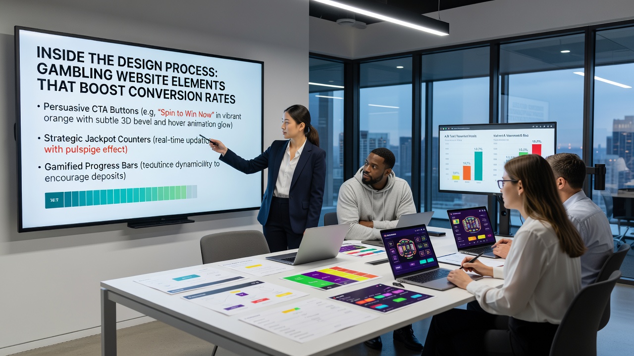 Design team reviewing wireframes and user flow diagrams for a gambling website interface during an early planning session