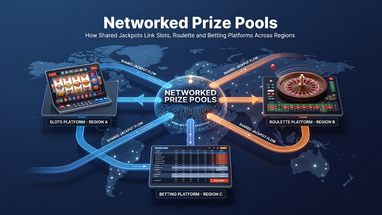 Illustration of cross-regional jackpot connections between online slots, roulette tables, and sports betting interfaces