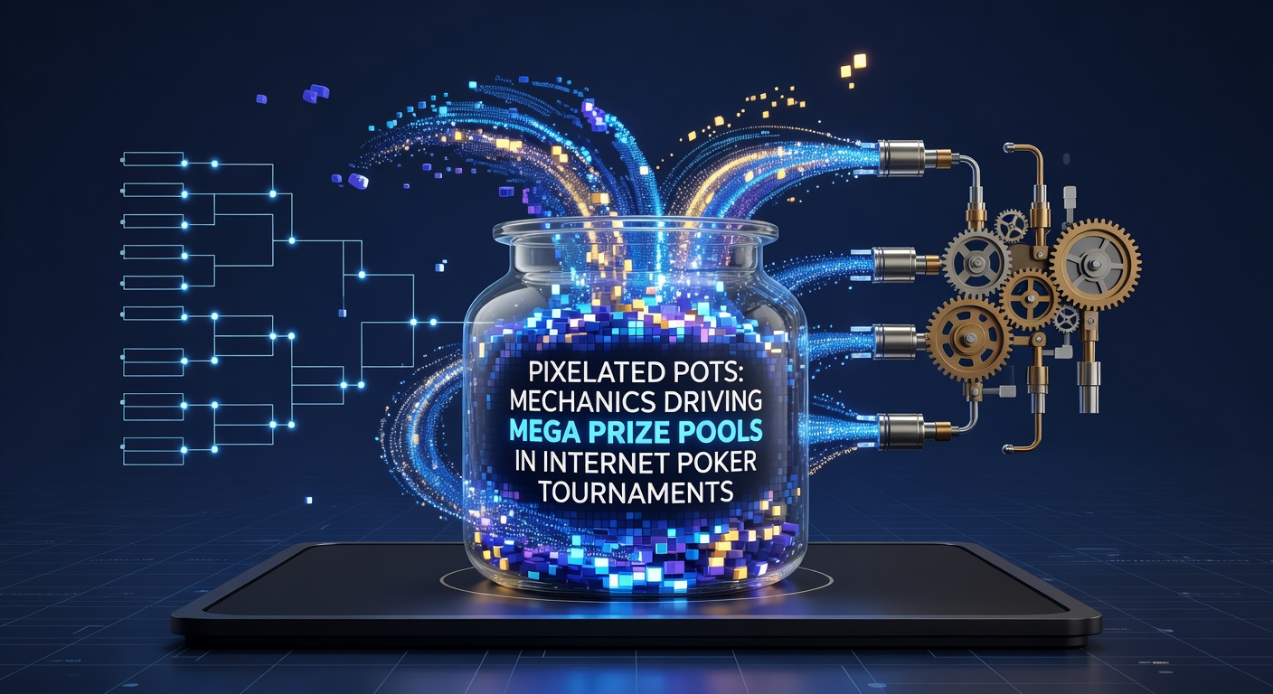 Digital graphic showing a massive online poker prize pool building pixel by pixel in a tournament lobby