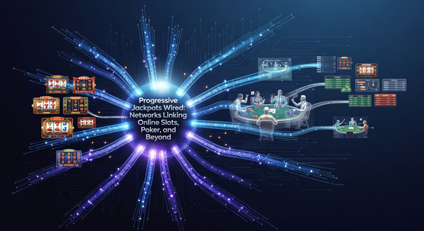 Digital network visualization showing interconnected slots, poker tables, and jackpot meters growing across online platforms