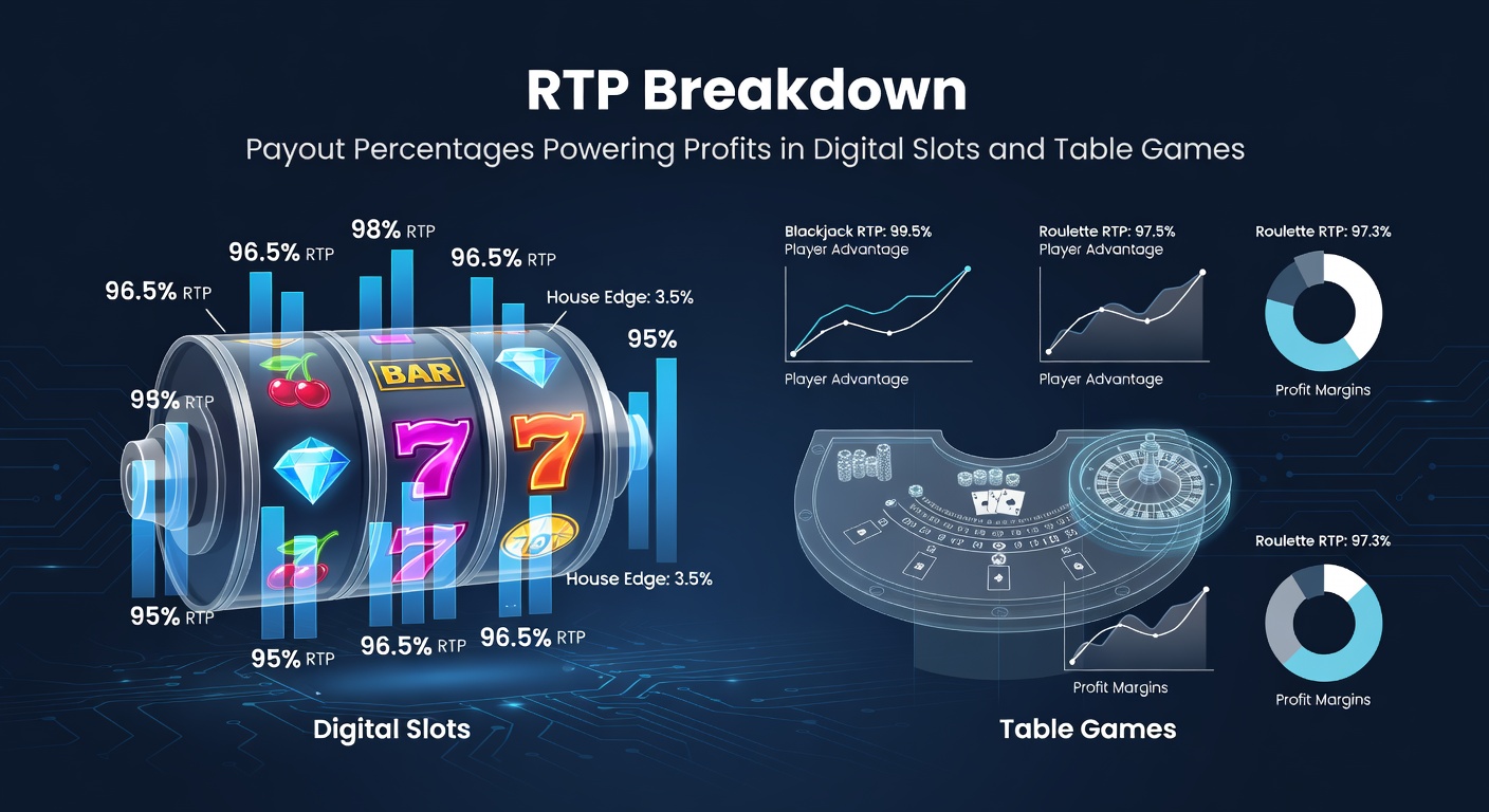Digital slot reels spinning with glowing payout percentage indicators overlayed, highlighting RTP mechanics in action