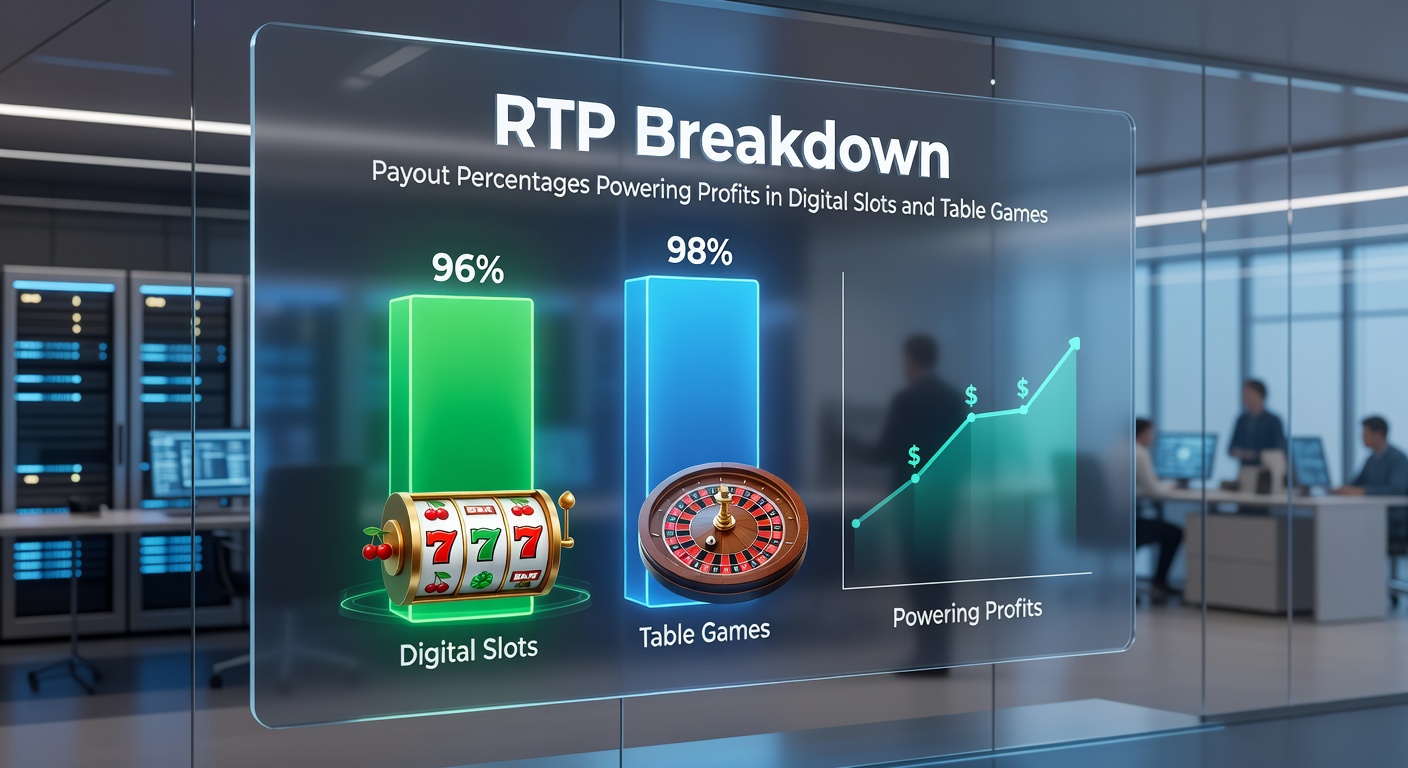 Comparison chart of RTP percentages across digital slots, blackjack, and roulette tables, with bars illustrating house edges