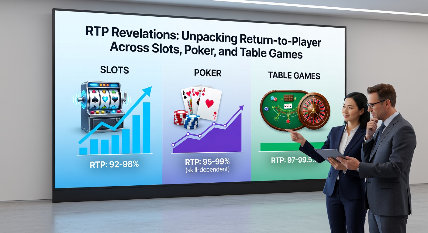 Comparative chart of RTP percentages for slots, poker variants, and table games like blackjack and roulette, with colorful bars illustrating differences across casino categories