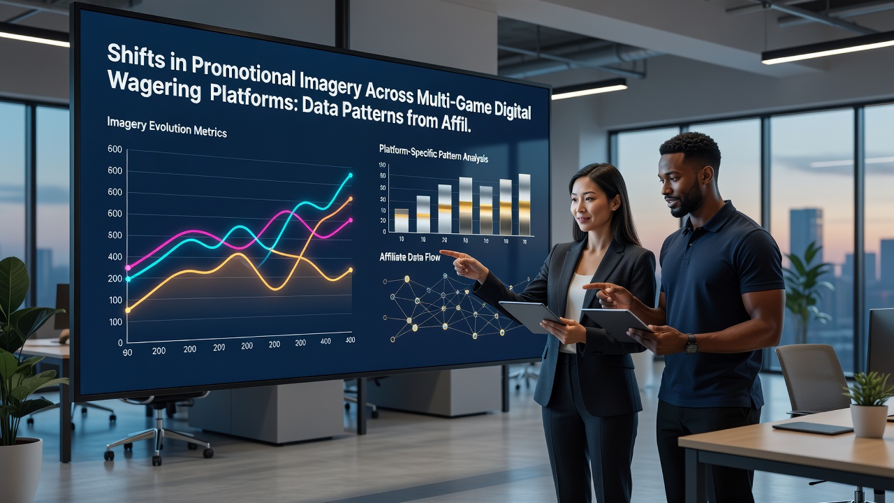Data visualization charts illustrating shifts in color usage, text placement, and device representation in wagering platform promotions from 2019 to 2026