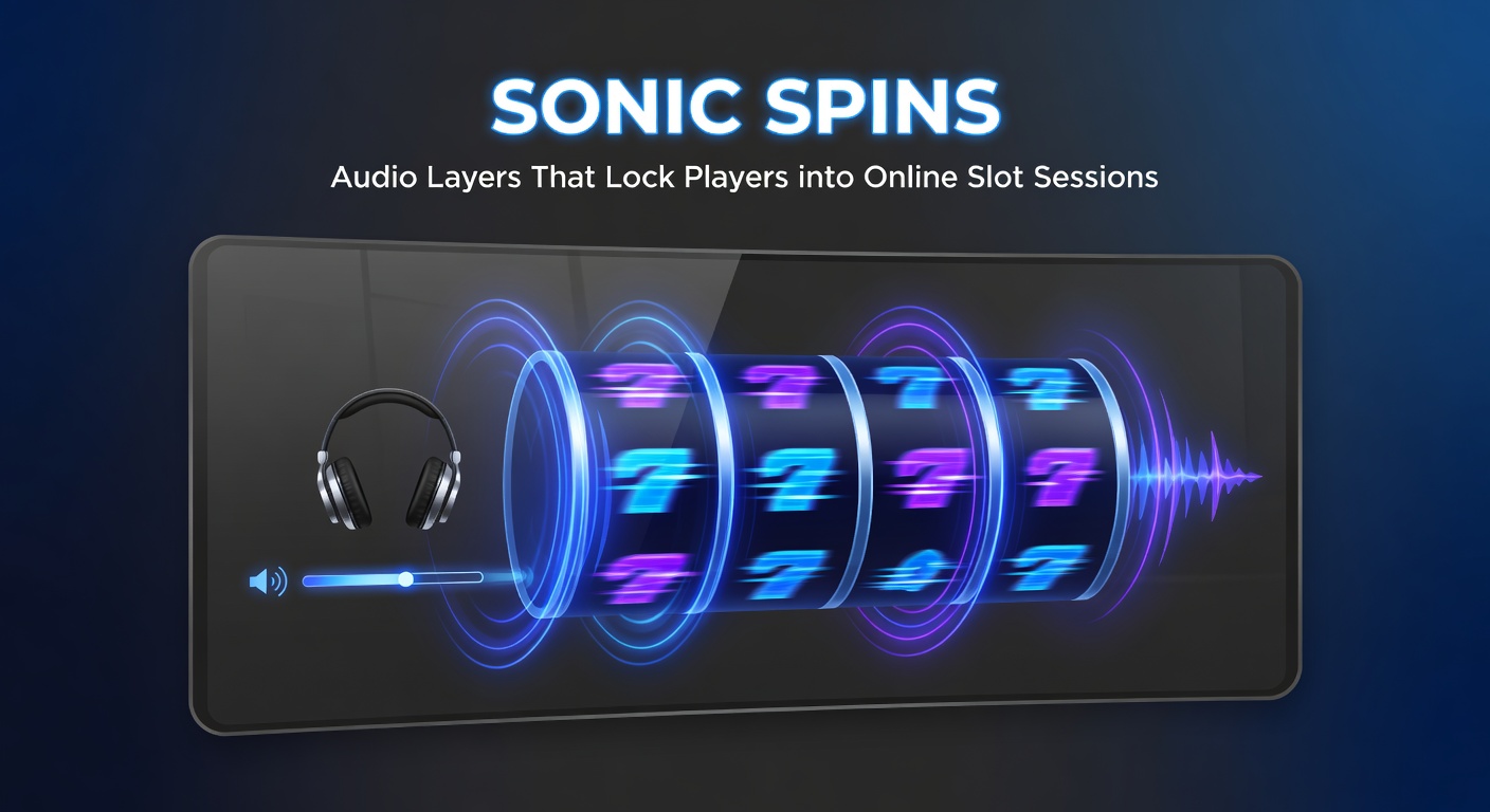 Close-up of a gamer immersed in an online slot game, headphones on, with glowing reels and sound icons emanating from the screen