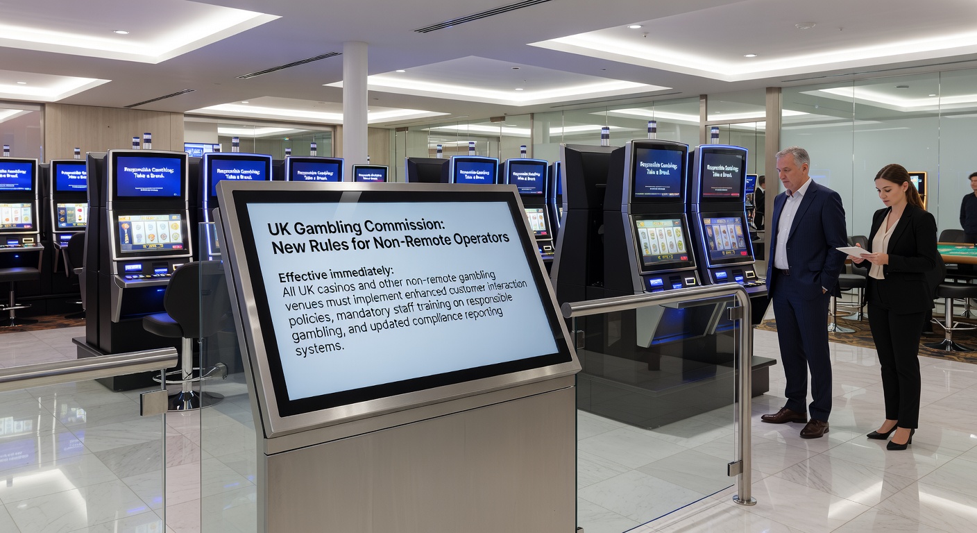 Regulatory documents and enforcement symbols representing the UK Gambling Commission's latest gaming machine compliance mandates