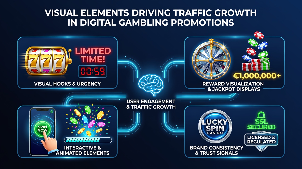 Animated promotional graphics and video thumbnails featured in online gambling campaigns