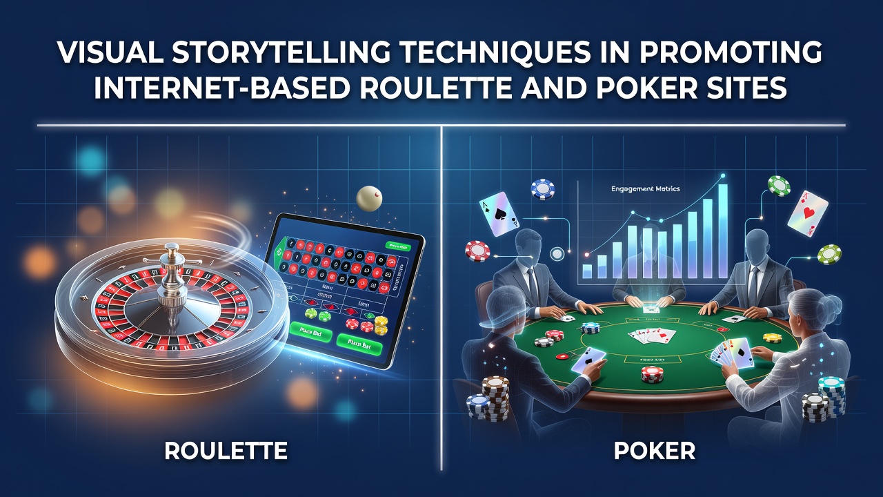Dynamic visual elements showcasing roulette wheels and poker tables in promotional campaigns for internet-based gaming sites